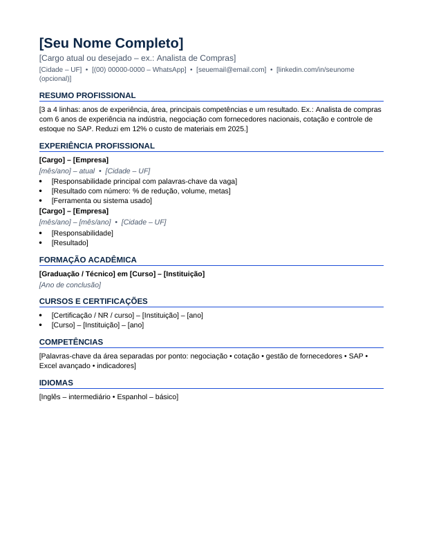 Prévia do modelo de currículo profissional (ats)